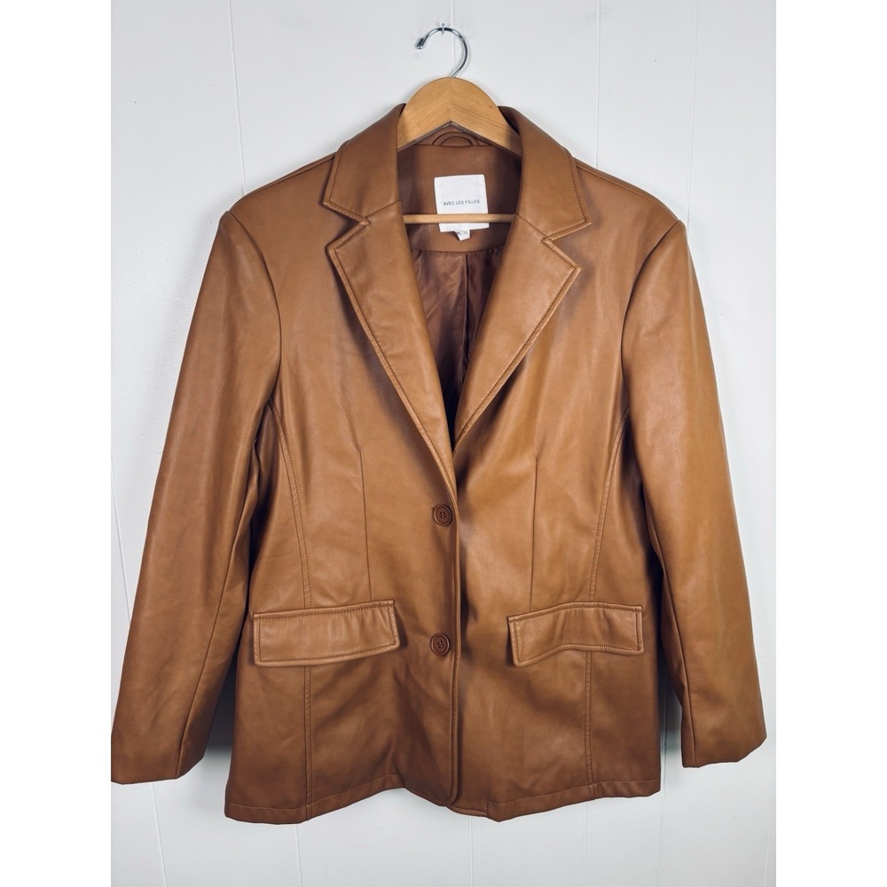 AVEC LES‎ FILLES Large Carmel Brown Vegan Faux Leather Jacket Two Button Blazer